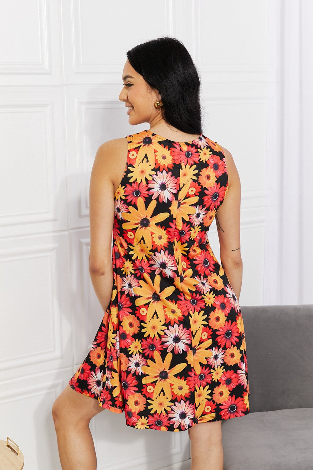 Full Size Floral Sleeveless Mini Dress with Pockets
