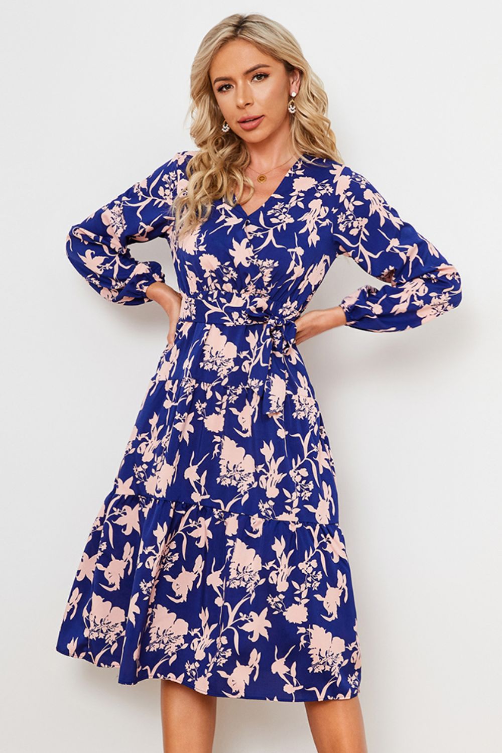 Floral Belted Tiered Blue Naivy Midi Dress
