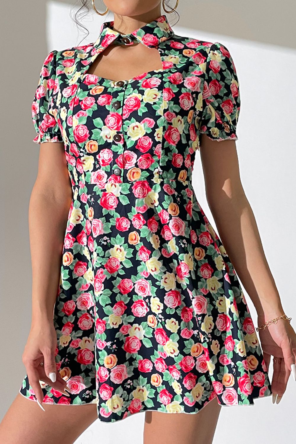Floral Buttoned Cutout Puff Sleeve Mini Dress