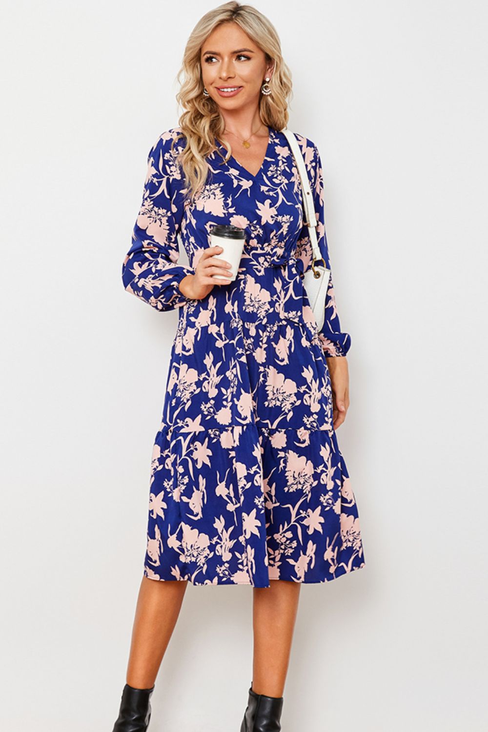 Floral Belted Tiered Blue Naivy Midi Dress
