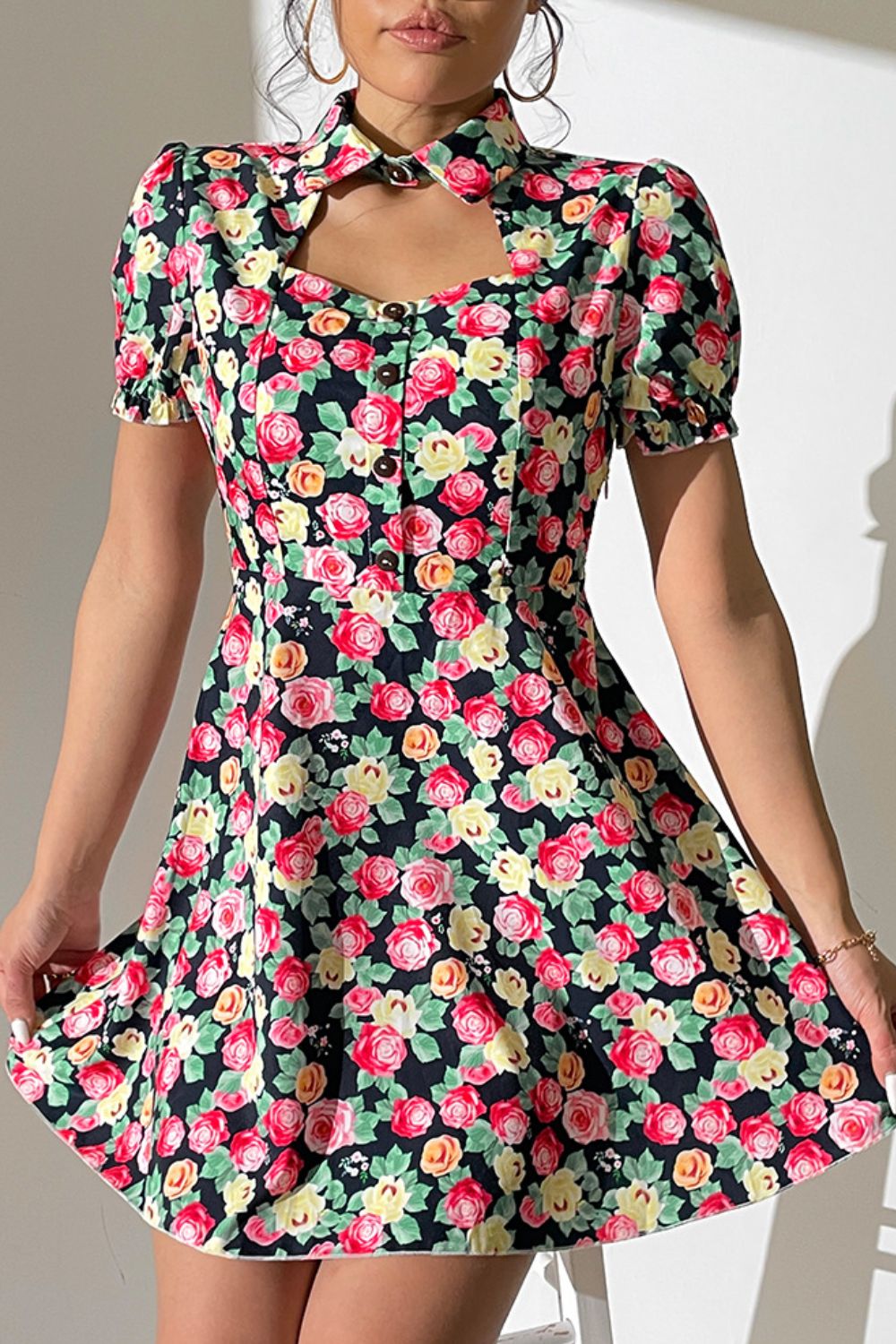 Floral Buttoned Cutout Puff Sleeve Mini Dress