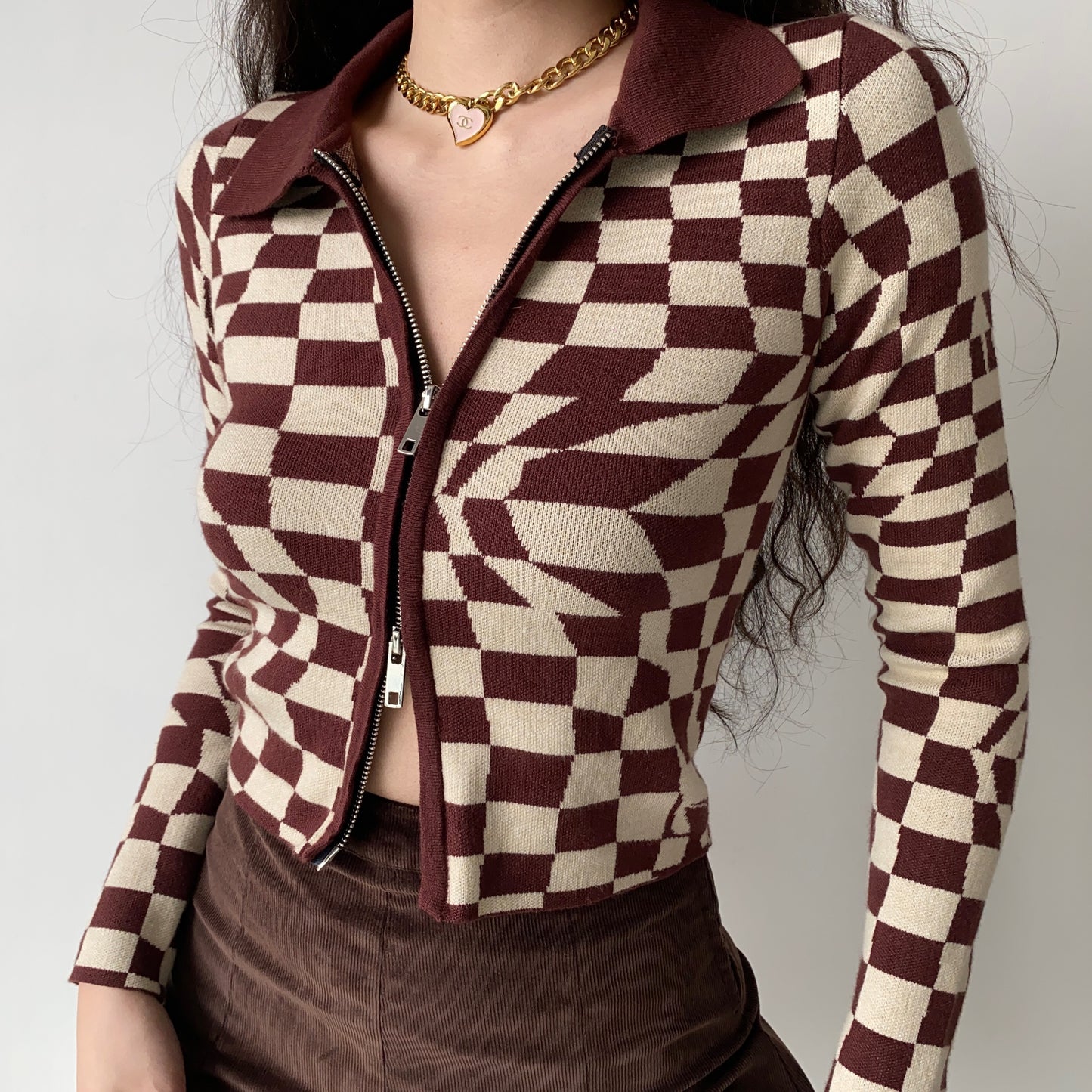 Brown Plaid Knitted Cardigan