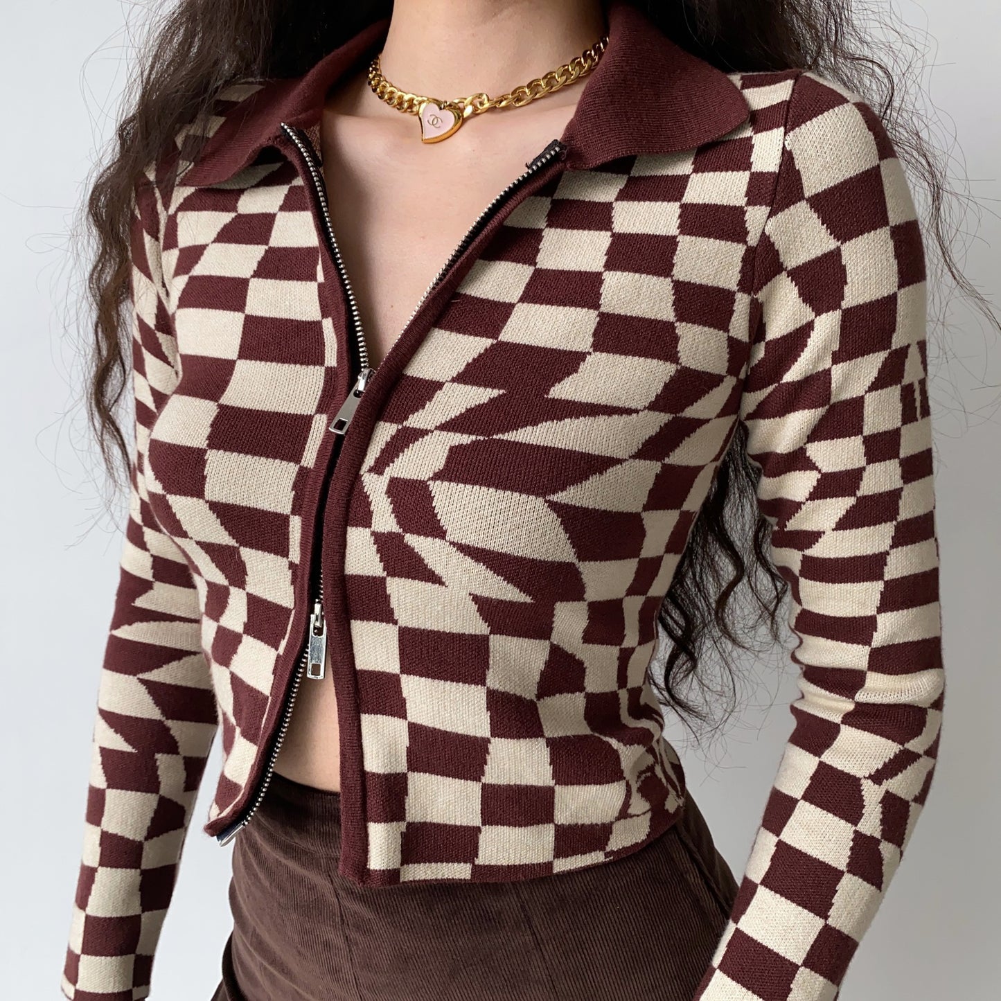 Brown Plaid Knitted Cardigan