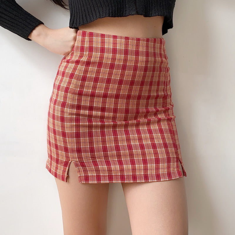 High Waist Red tartan Mini Skirt