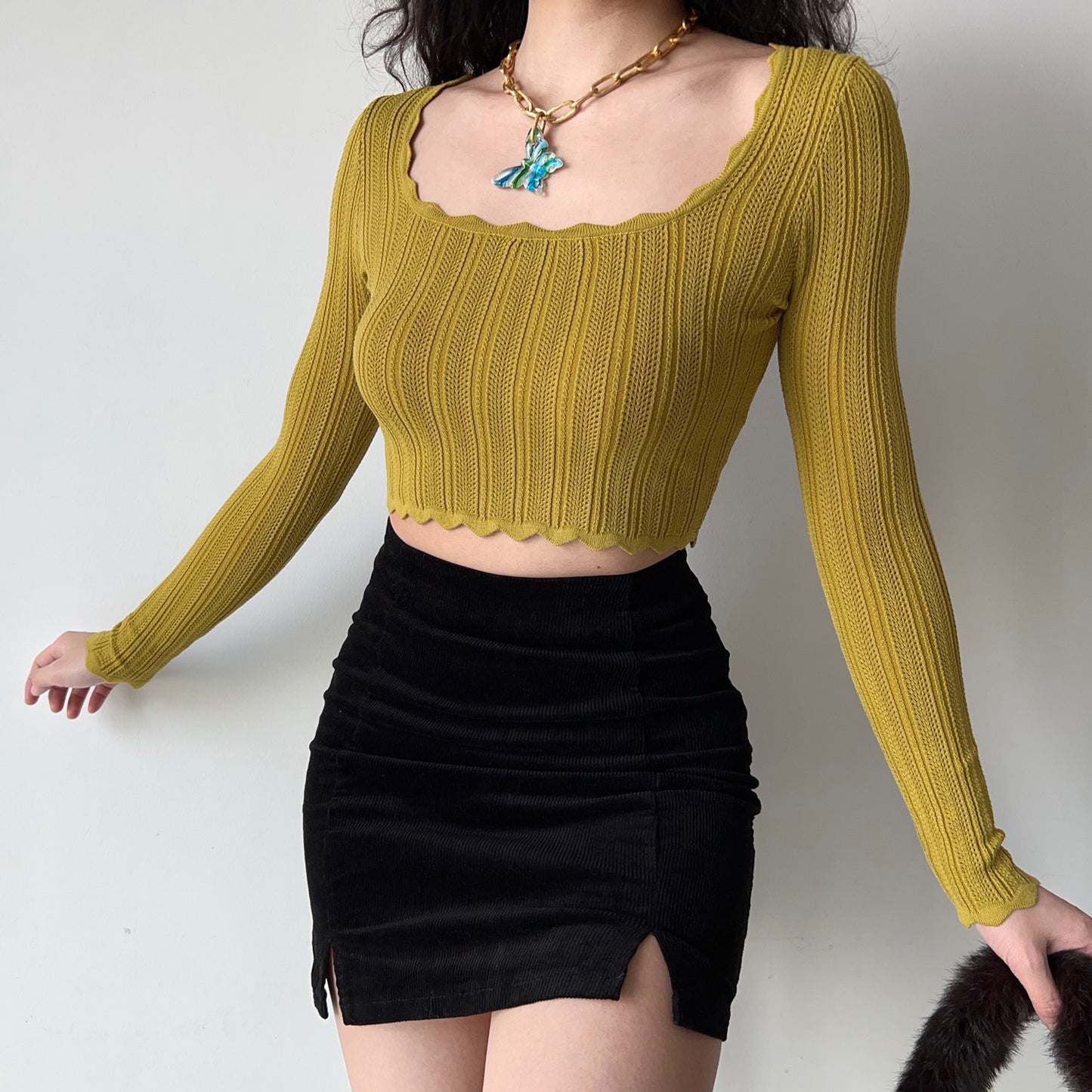 Wavy Square Neck Knit Crop Top
