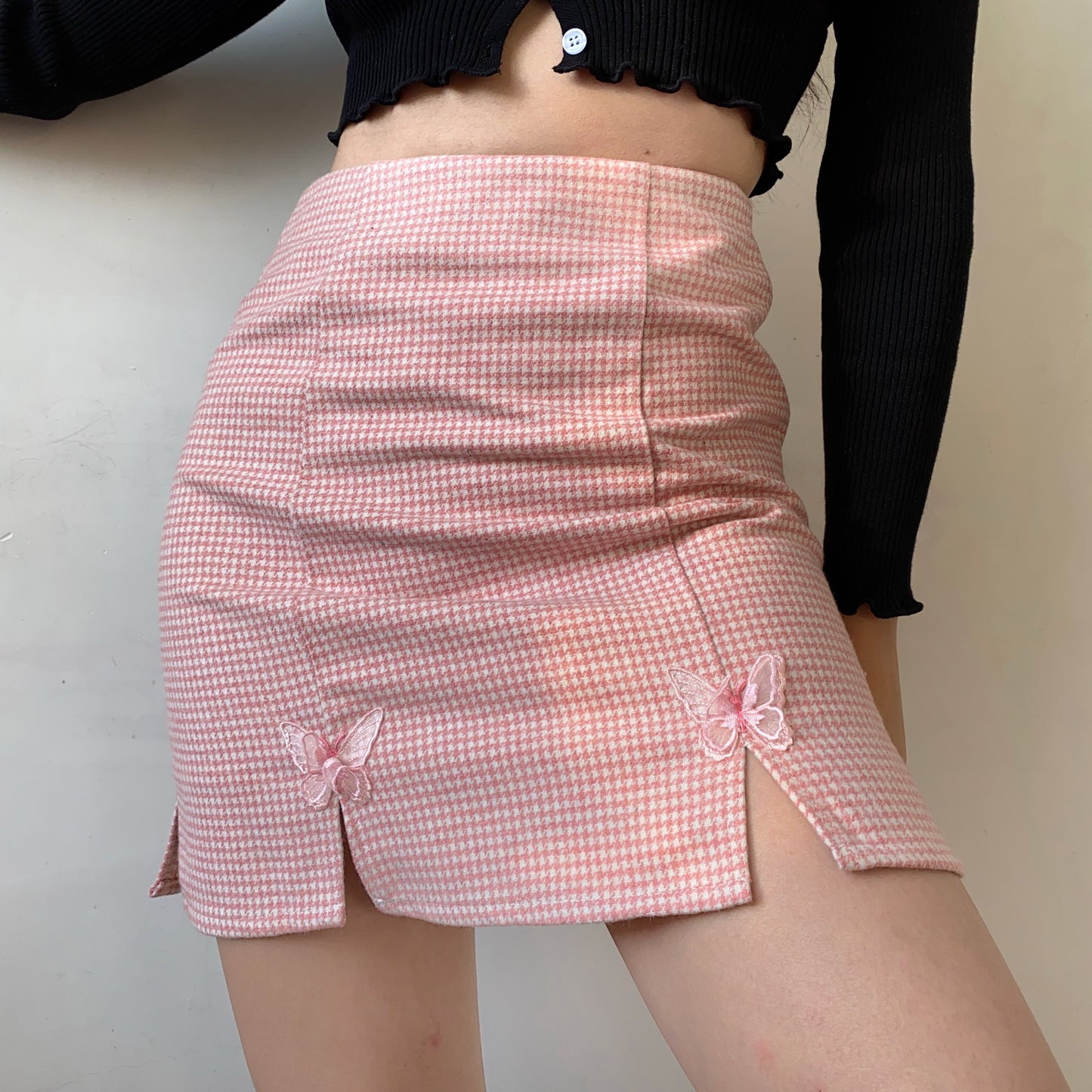 High Waist Houndstooth Mini Skirt