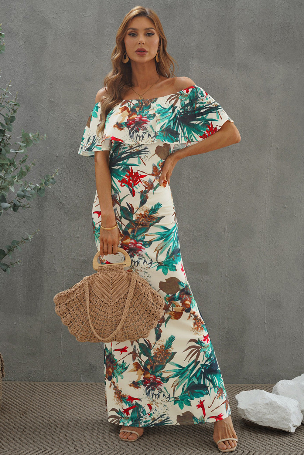 Floral Layered Off-Shoulder Bodycon Maxi Dress
