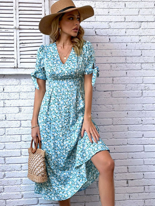 Floral Tied Puff Sleeve V-Neck Midi Dress