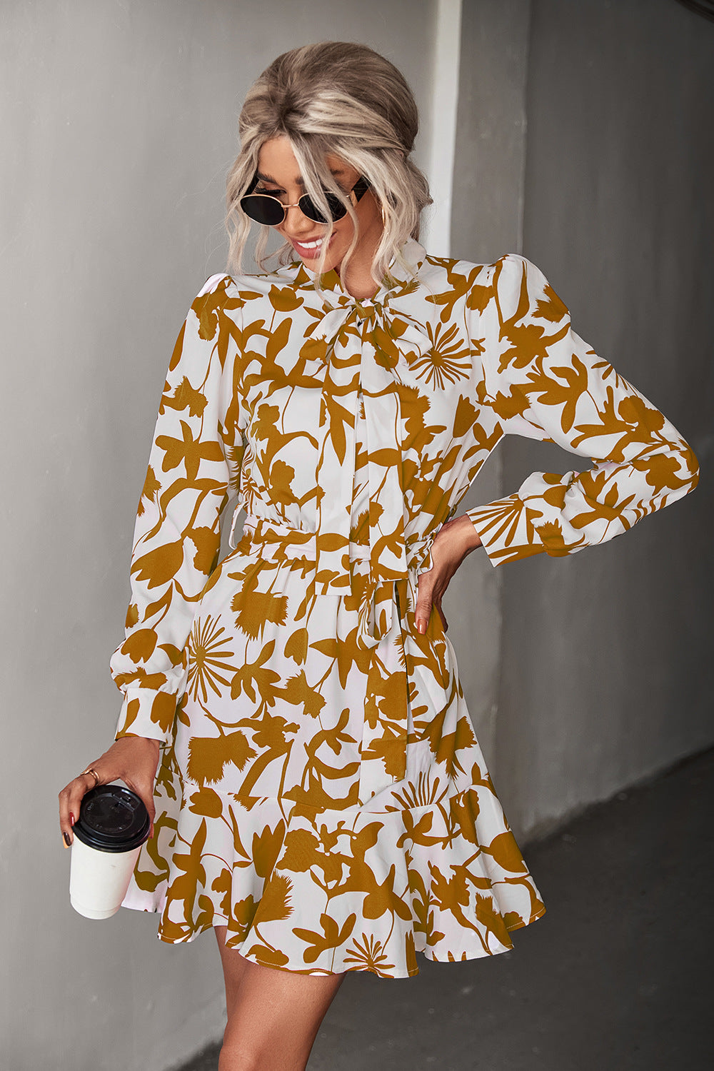 Floral Tie Round Neck Belted Puff Sleeve Mini Dress